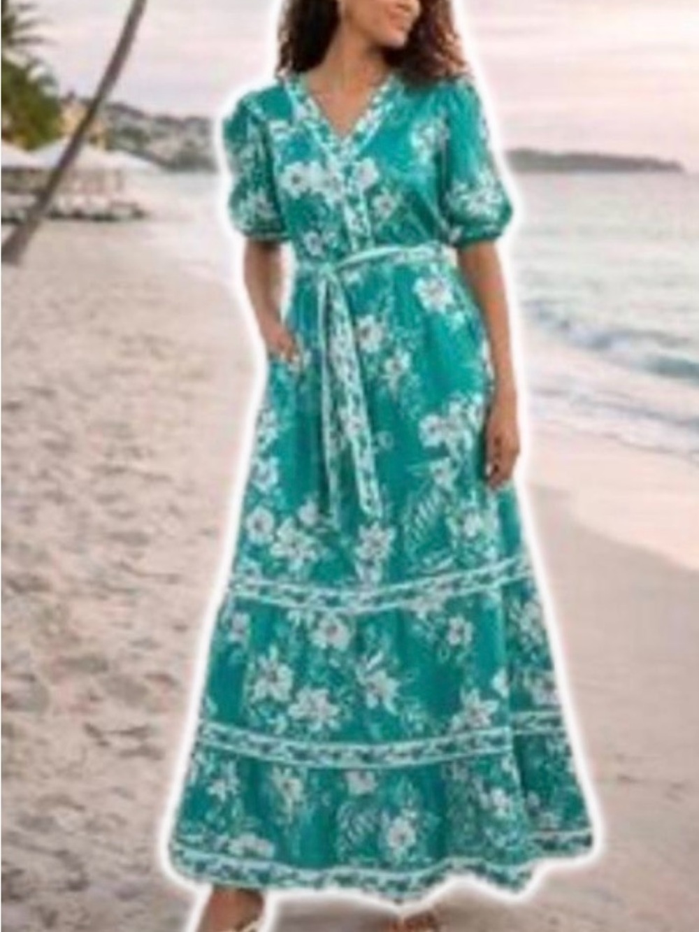 CELINA MOON Teal Floral V‑Neck Tie‑Waist Maxi Dress
